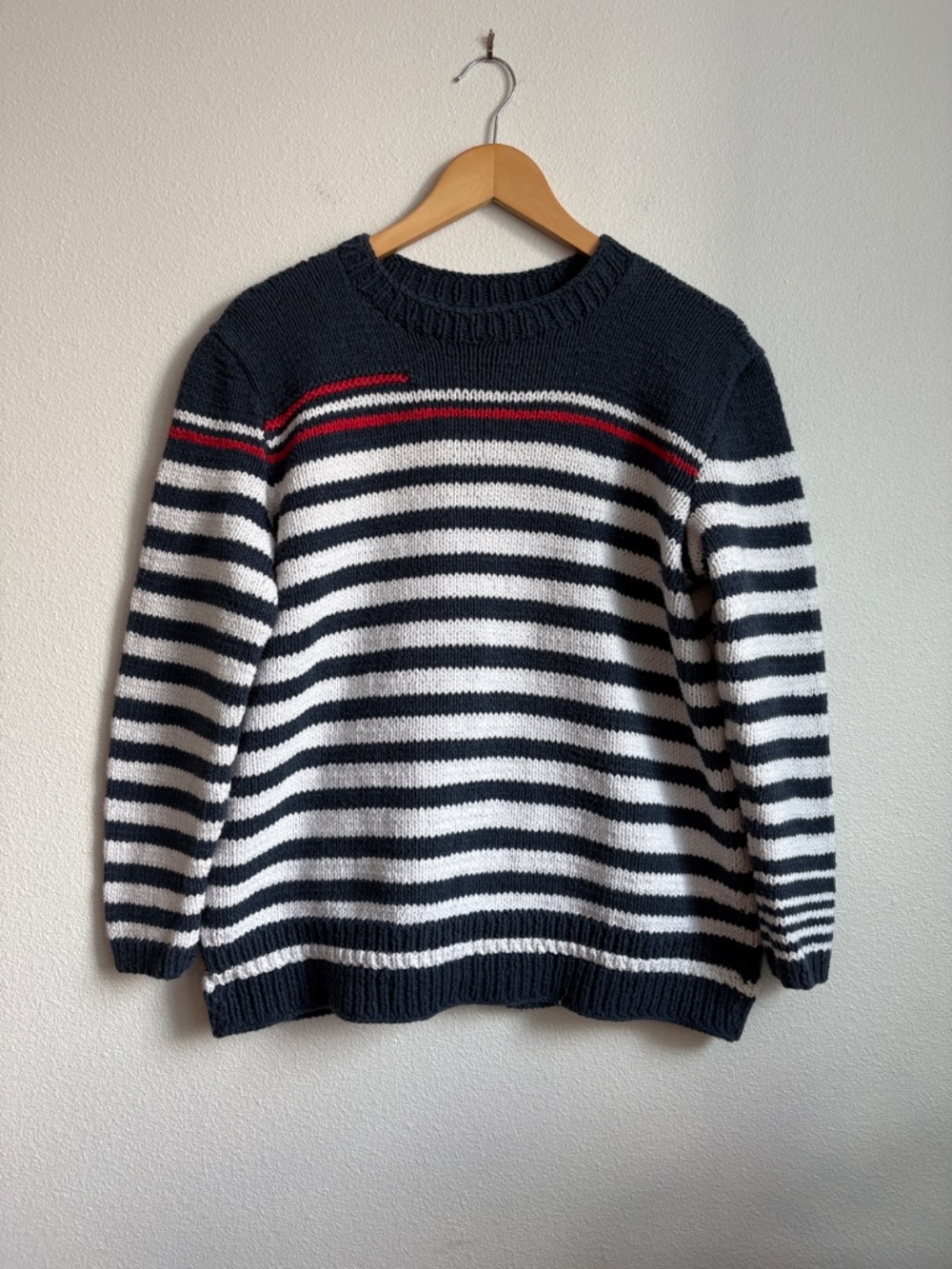 Navy White Striped Chunky Knit Crewneck Sweater with Red Accent Stripe